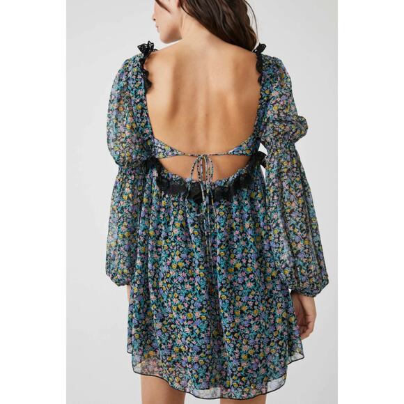 Free People Pennie Babydoll Floral Sheer‎ Mini Dress Black Size M Fairy Grunge - Picture 2 of 11
